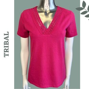 Tribal Fancy Crochet Shirt Sleeve T Shirt Color Daiquiri Fuschia Pink